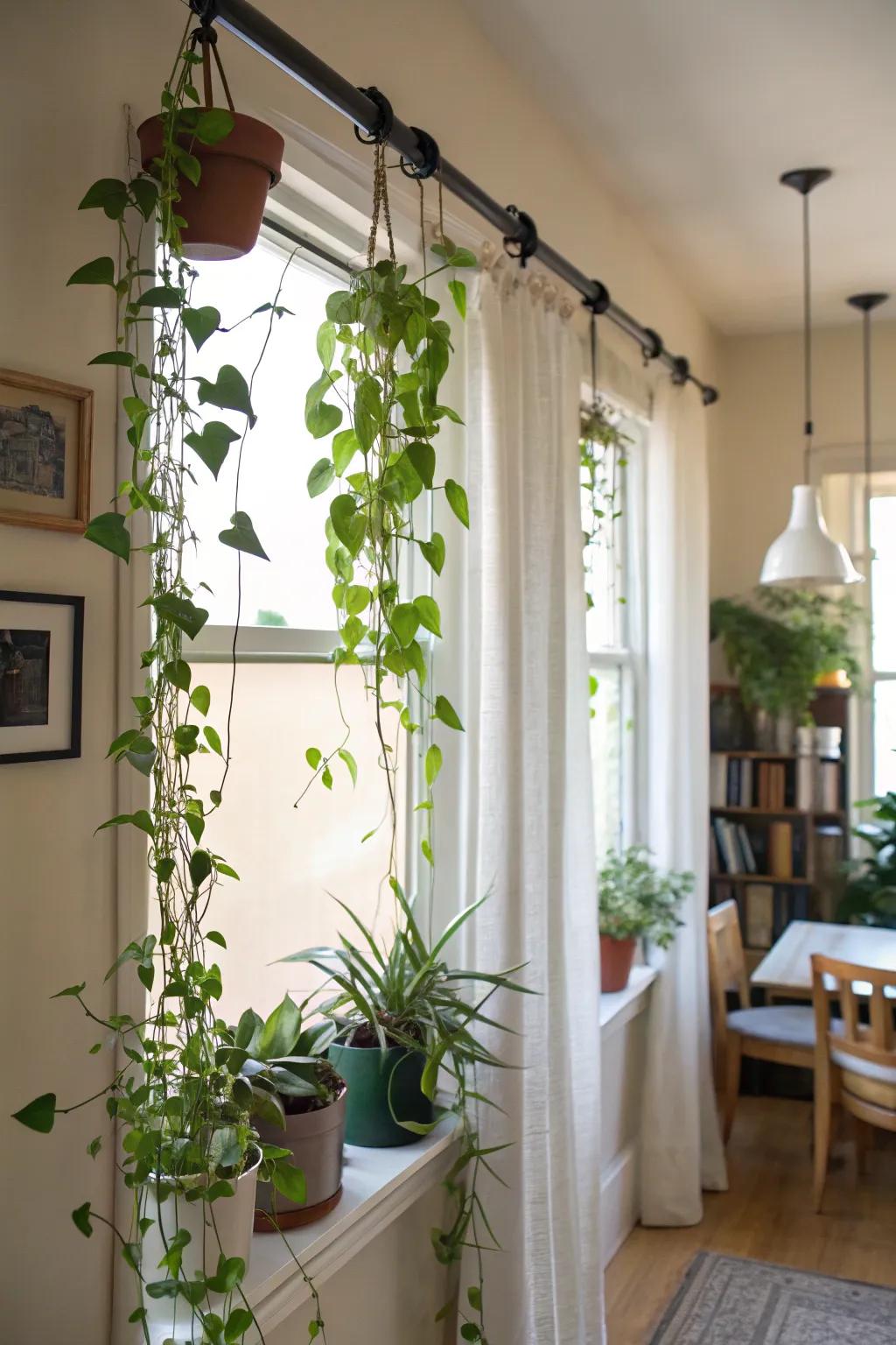 Explore no-drill options with tension rod plant hangers.