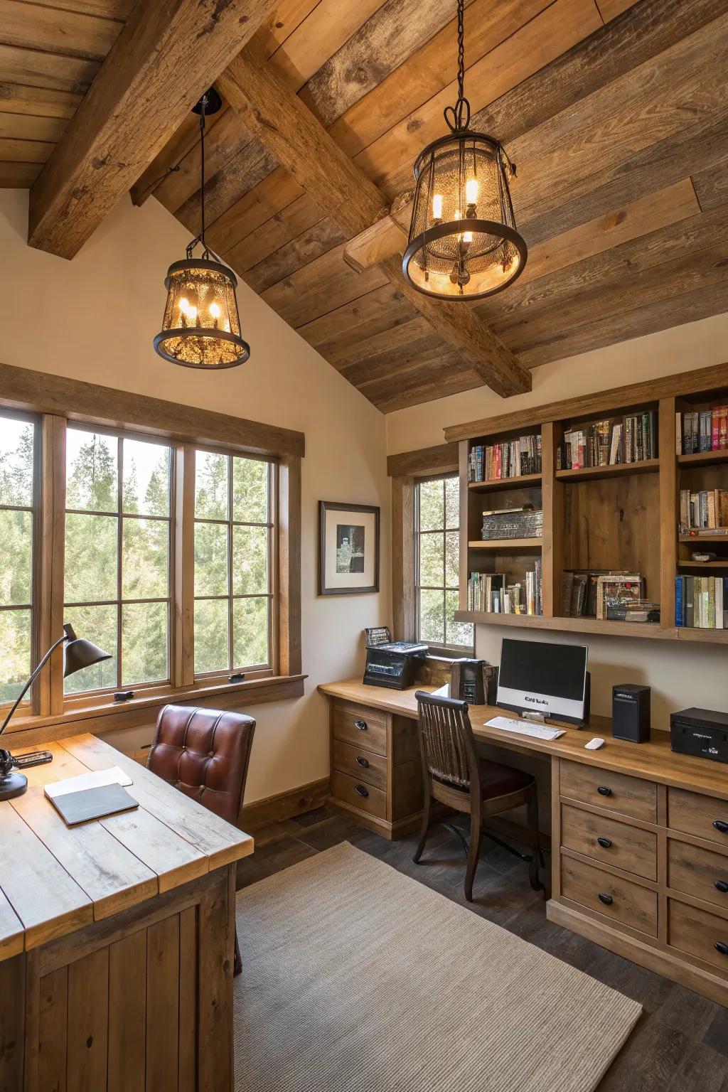 Wood fixtures bring rustic charm and warmth to your office.