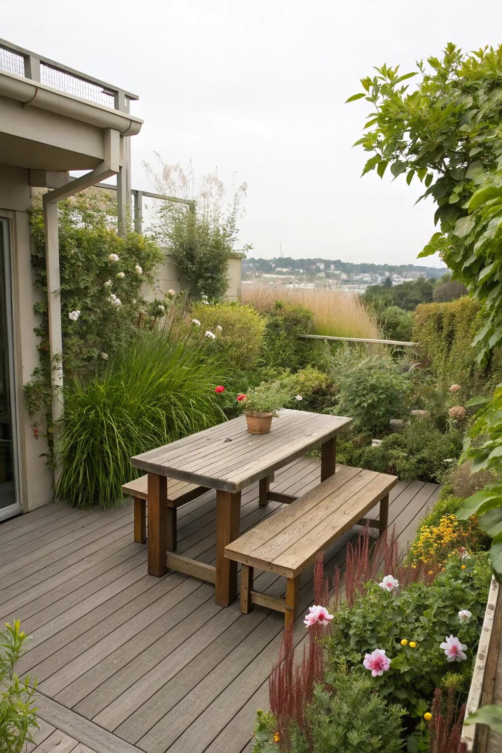 A table with benches maximizes dining space efficiently.