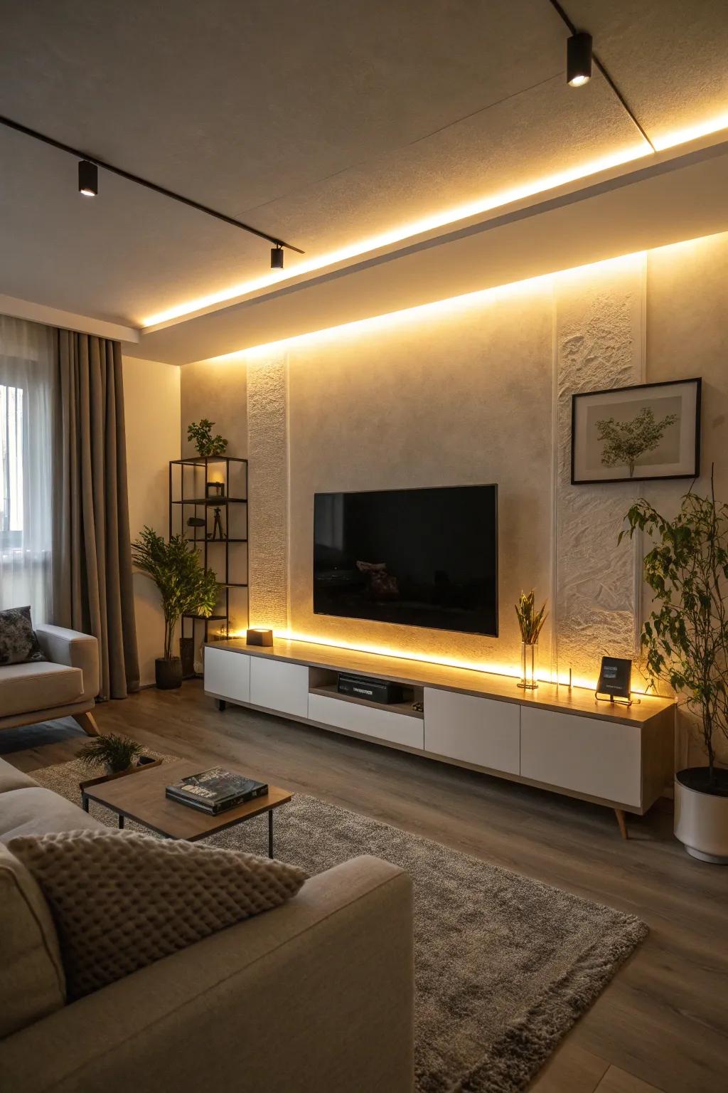 Accent lighting under the TV creates a mood-enhancing focal point.