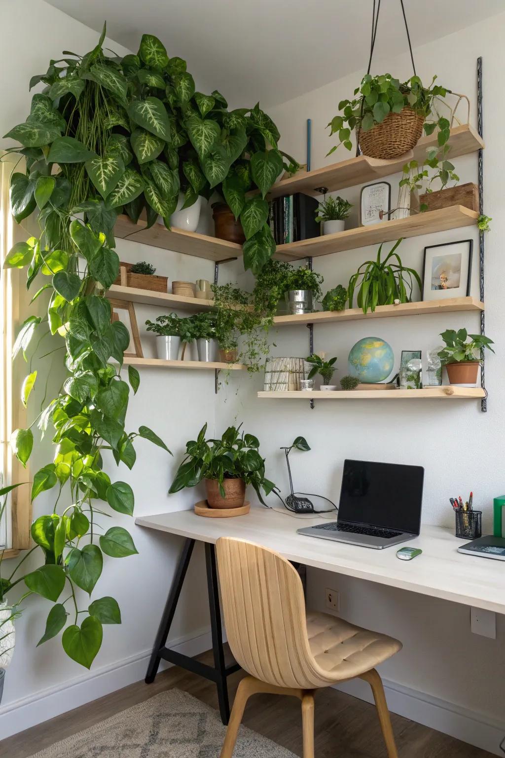Refresh workspaces with pothos on floating shelves.