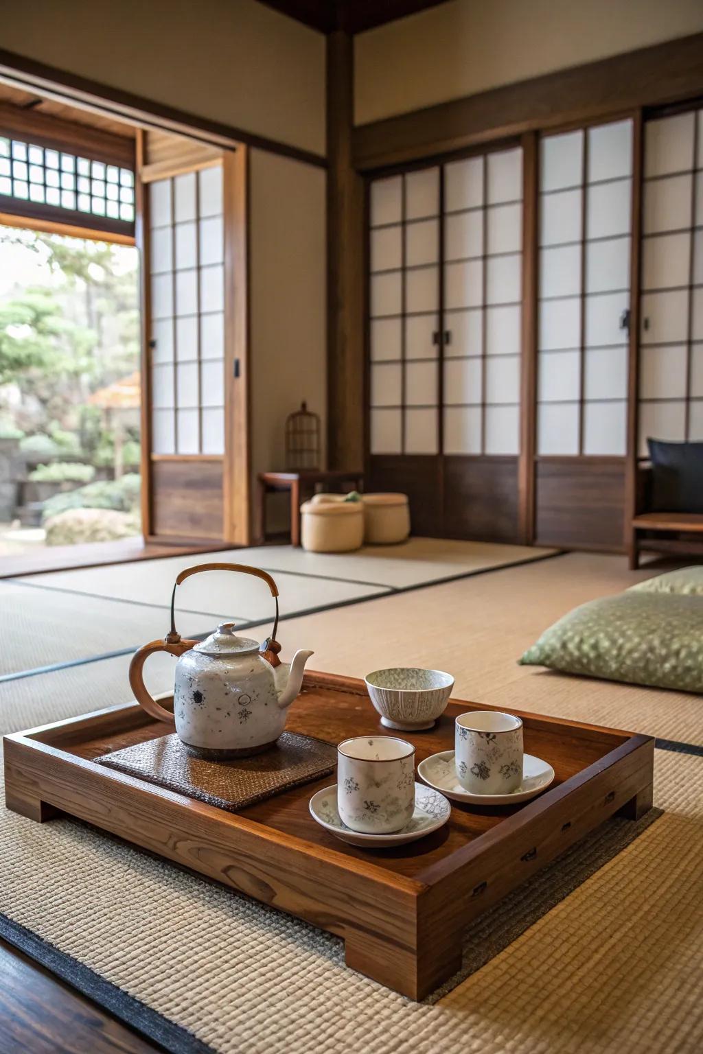 A traditional tea set infuses cultural richness into this inviting living room.