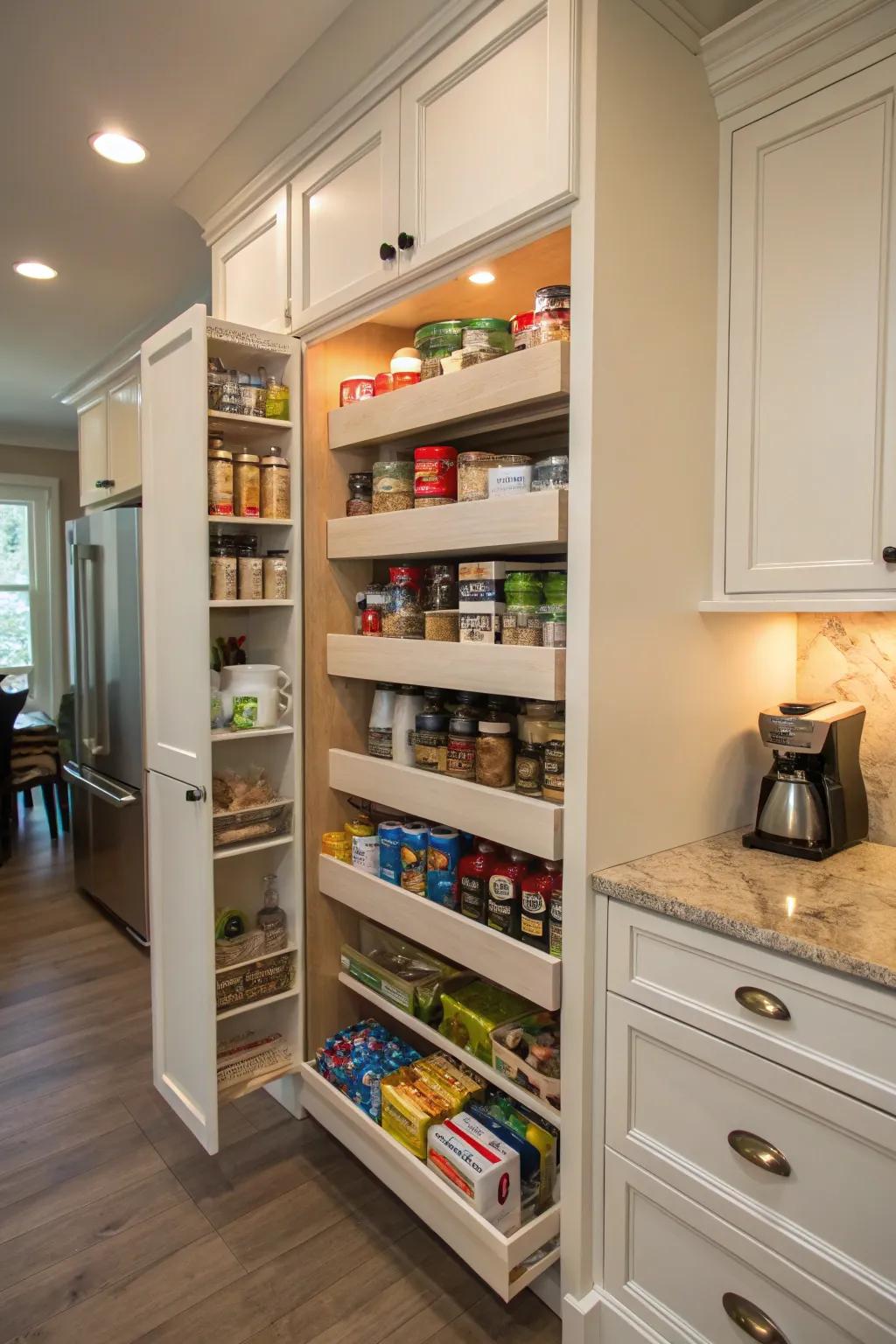 A hidden pantry maximizes storage in this cleverly designed kitchen alcove.