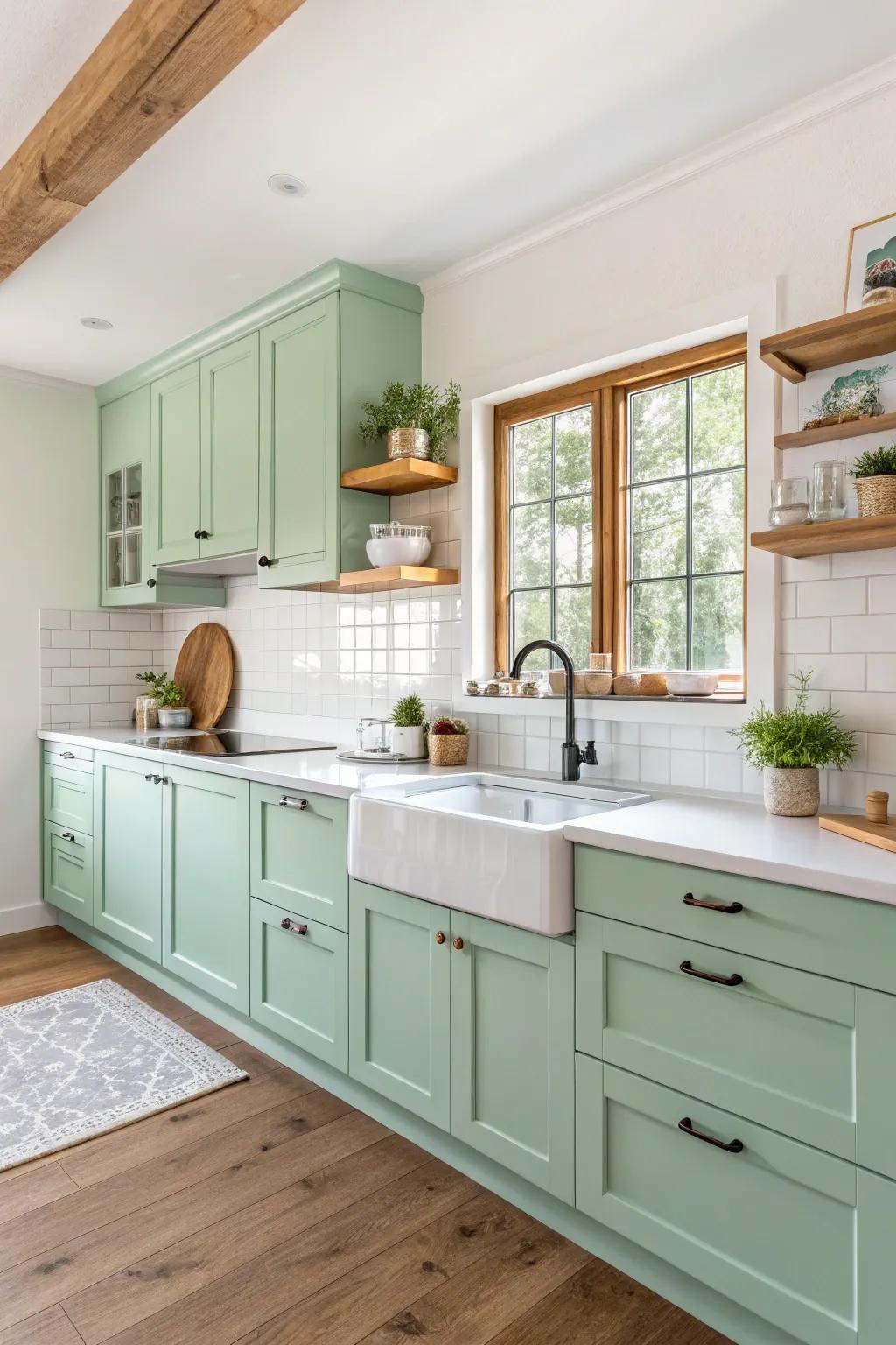 Spearmint cabinets provide a fresh and lively atmosphere in the kitchen.