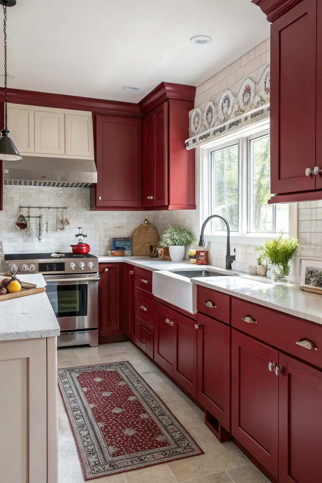 Abundant ruby hues add a passionate and dramatic flair to the kitchen.
