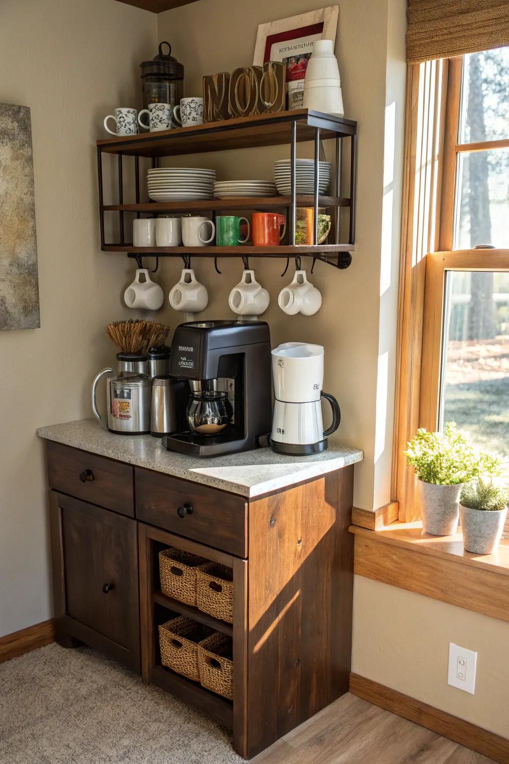 A custom coffee station in the corner adds charm and function.