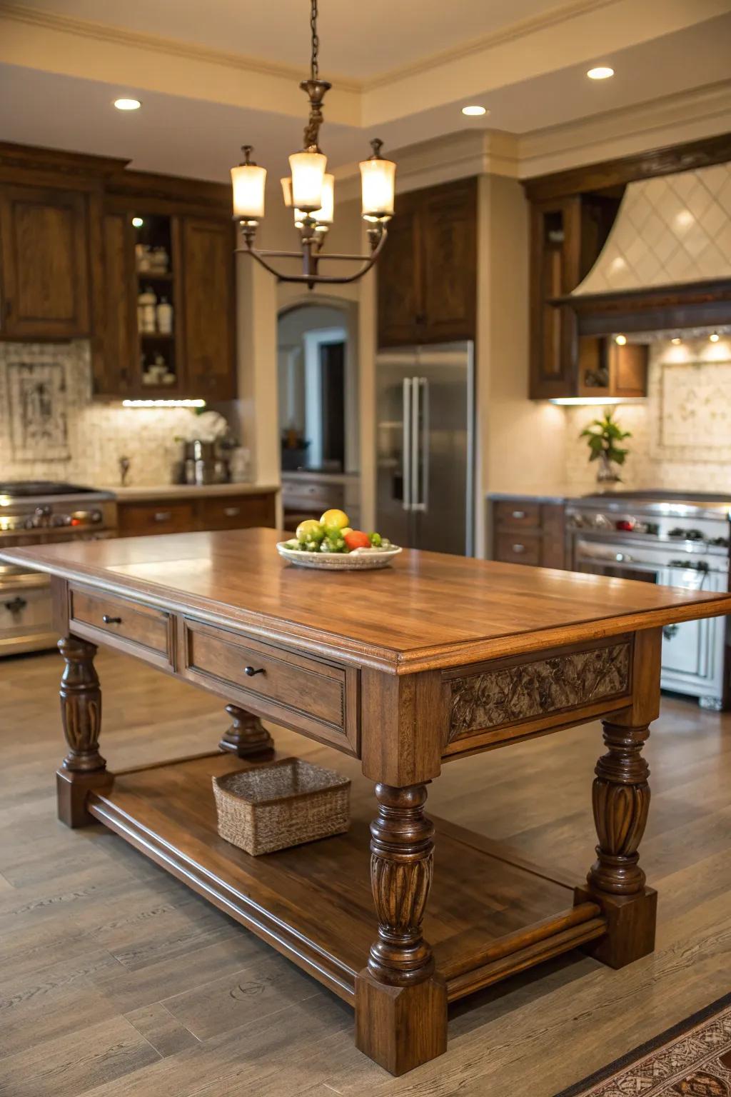 Timeless woodwork adds warmth to a kitchen island design.