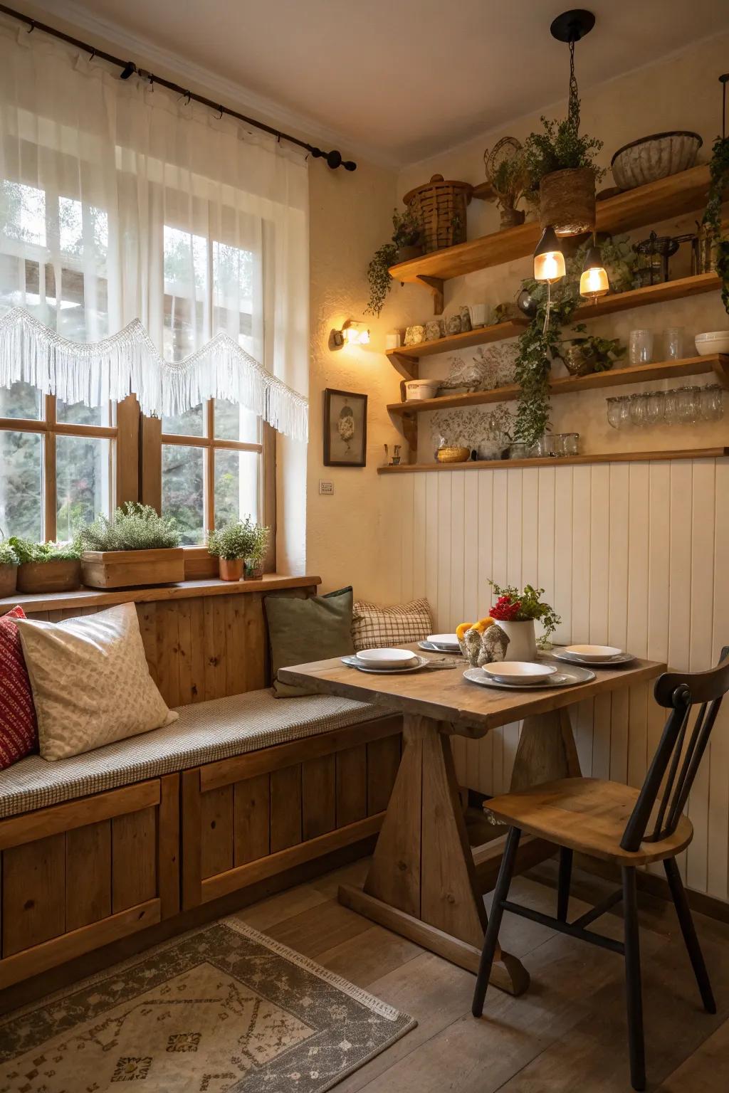 A seating spot offers cozy dining within a compact space.
