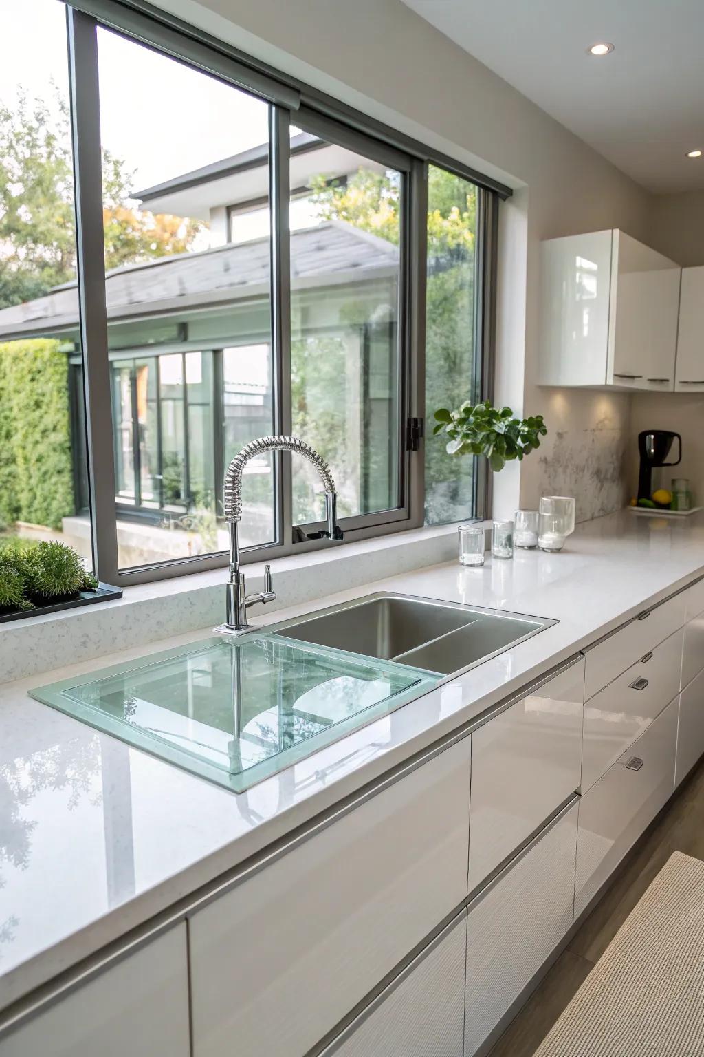 A striking kitchen featuring a modern glass sink.
