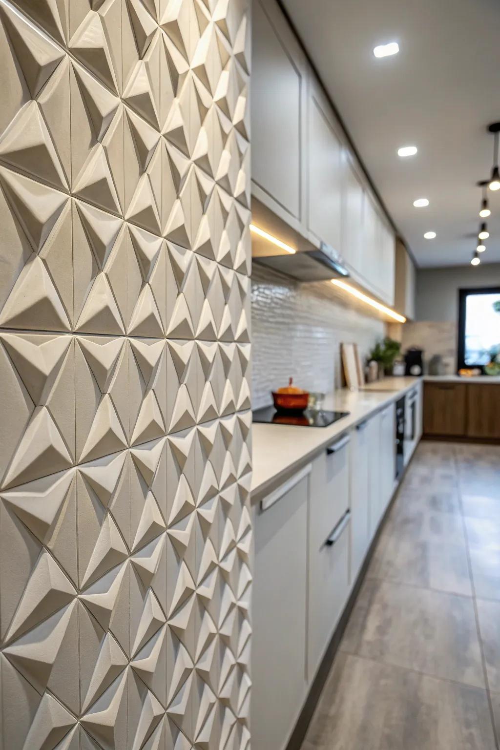 3-D tiles add dynamic depth and intrigue to this kitchen wall.