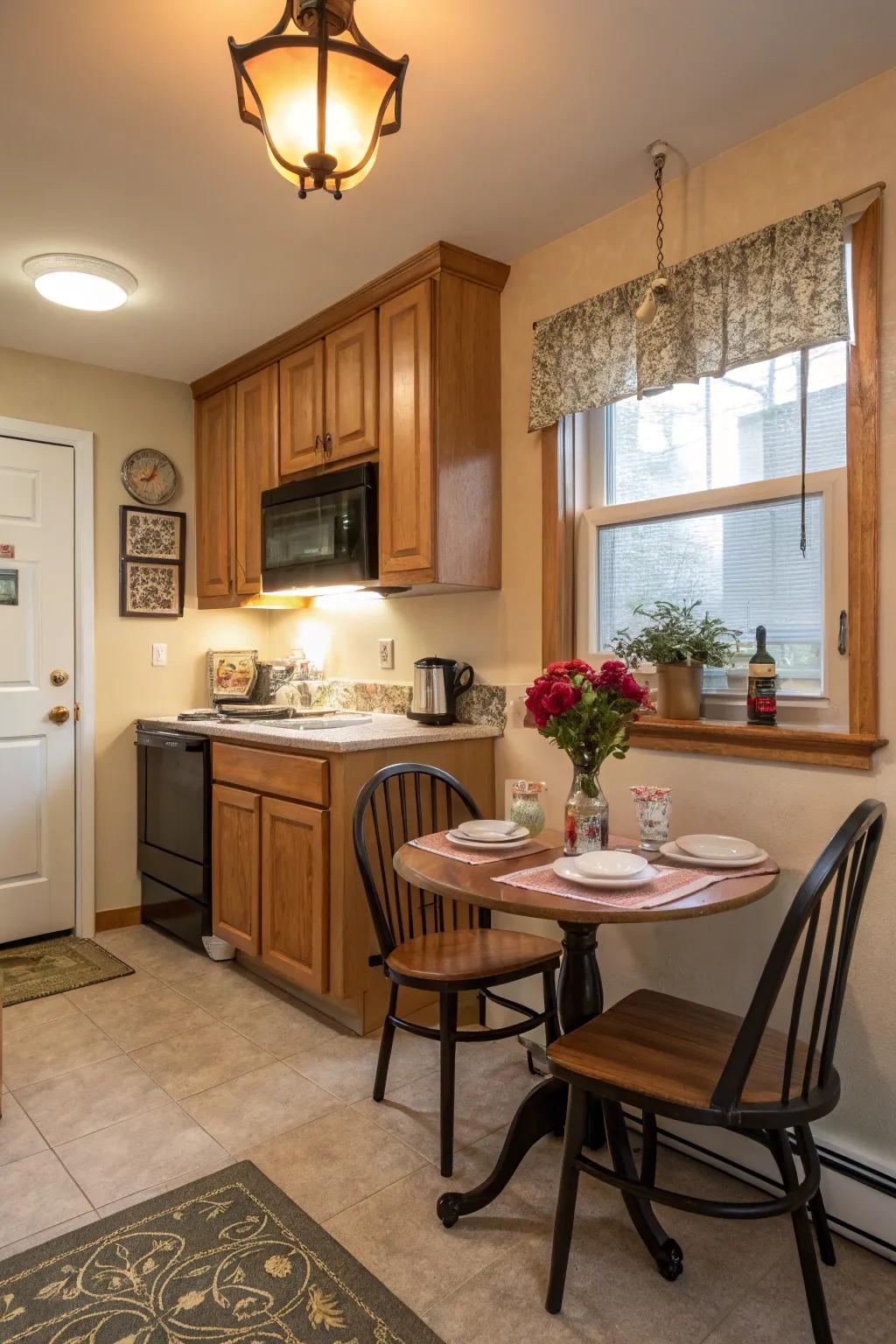 In a kitchen without windows, a morning meal area adds charm and functionality.