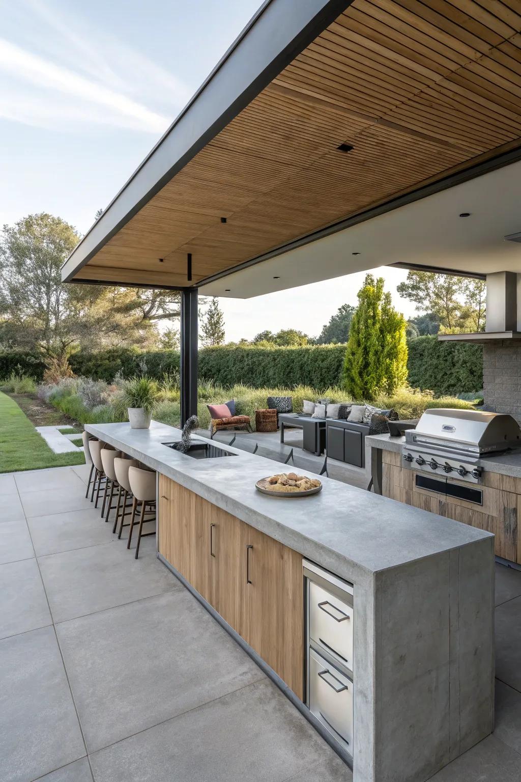 An indoor-outdoor kitchen featuring seamlessly extended concrete countertops.