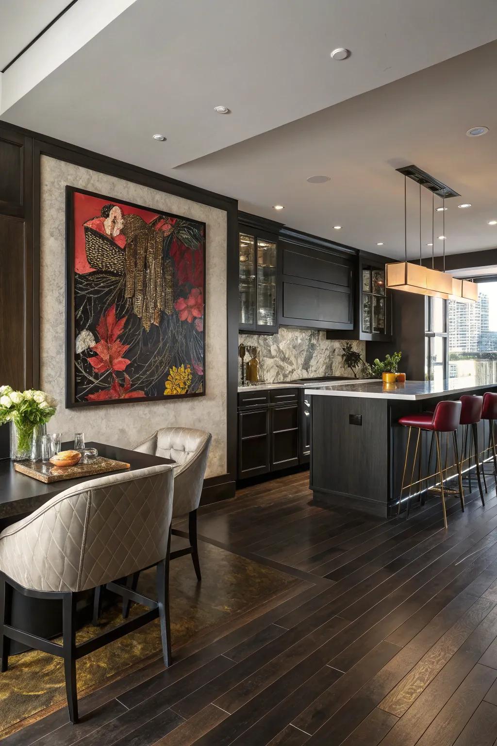 Bold art adds a surprising focal point to this kitchen with dark floors.