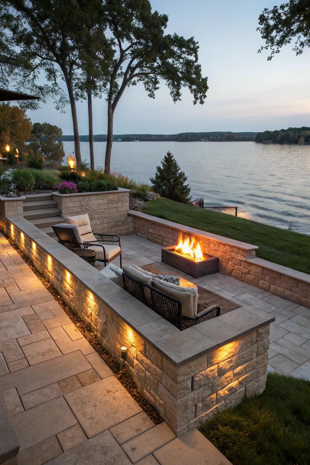 Transform your lakeside retreat with a stylish fire pit integrated into your retaining wall, creating the perfect setting for unforgettable evenings.