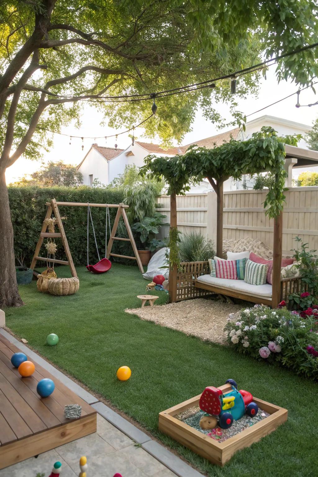 A recreational area in the garden corner sparks joy and imagination.