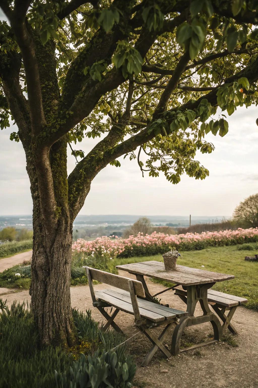 A seating zone entices you to unwind and relish the garden's splendor.