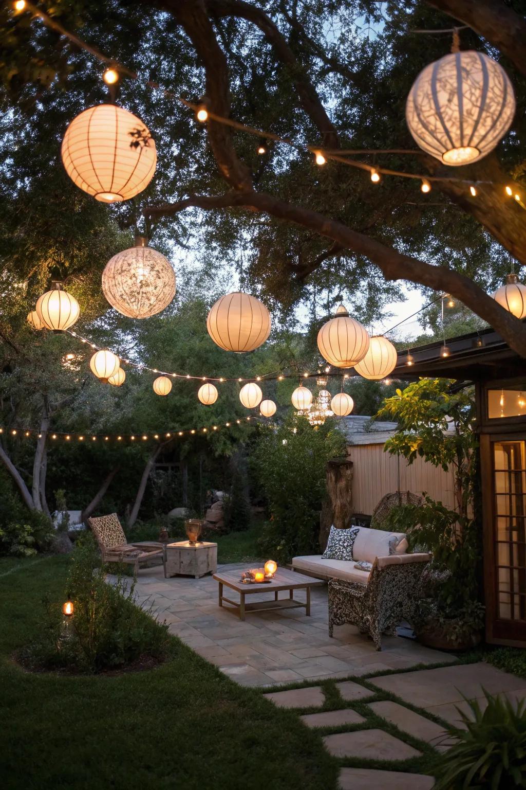 Suspended lanterns inject a magical flavor into open-air zones.