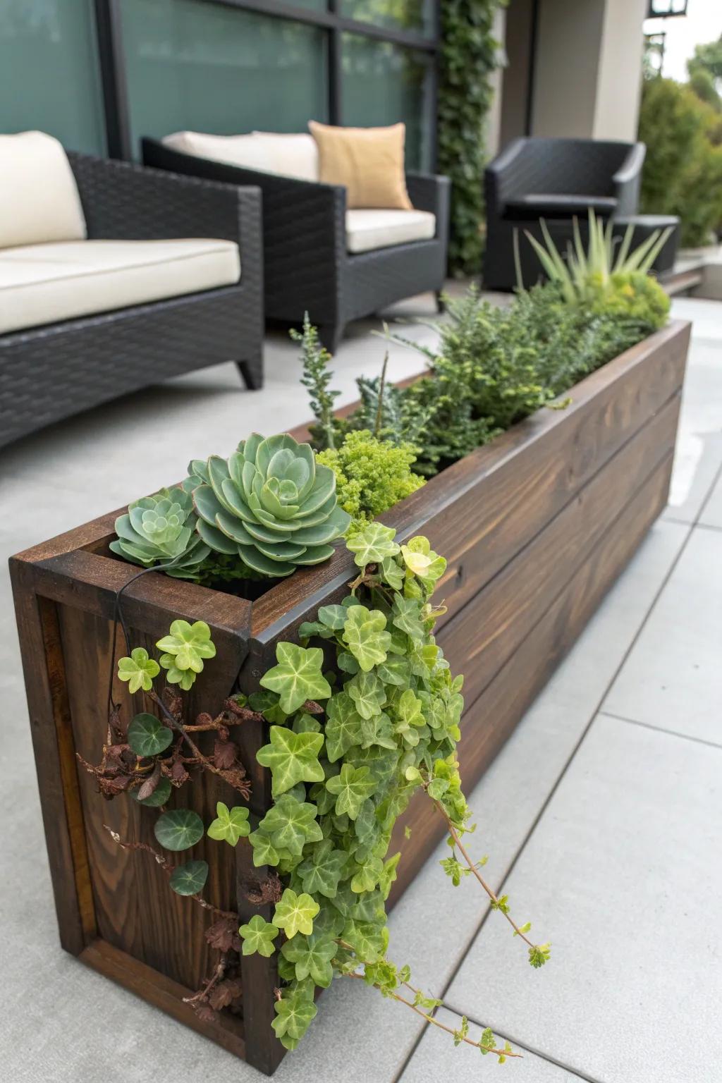 Elevate your patio with rustic timber planter boxes for a touch of natural elegance.