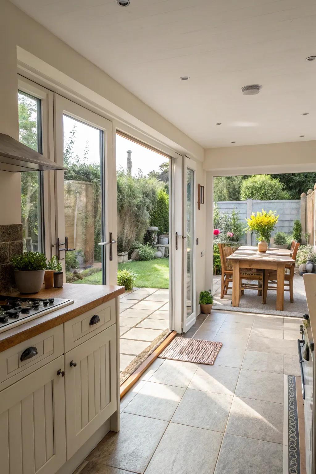 A kitchen with sliding glass doors for a fluid indoor-outdoor flow.