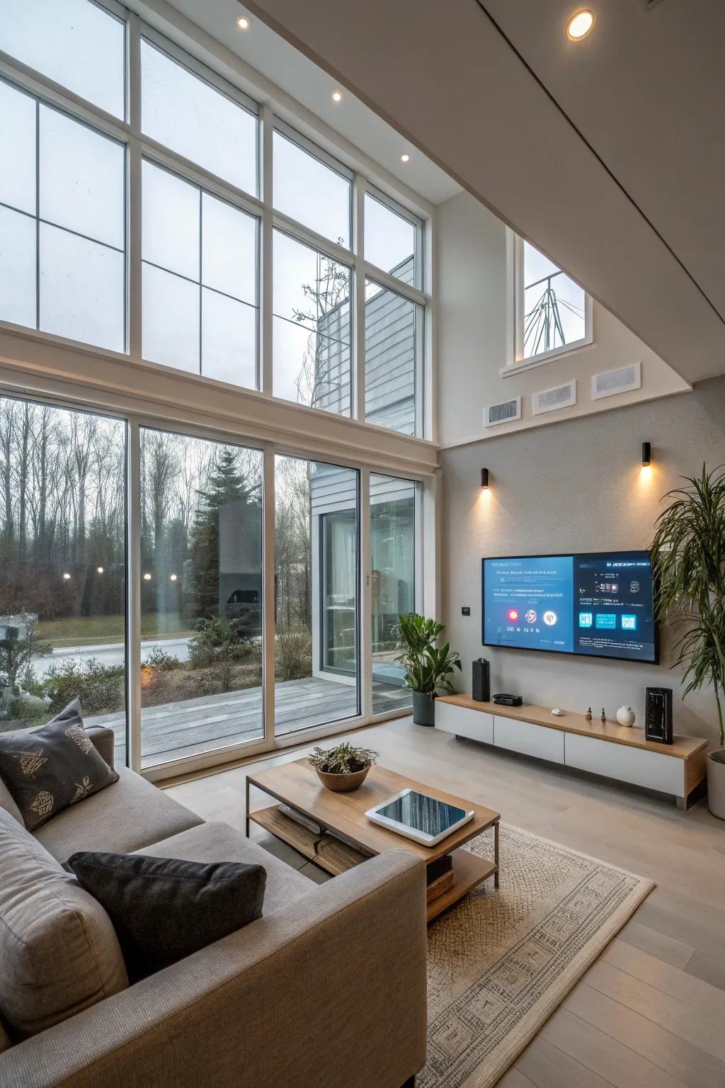 Smart windows offering convenience and cutting-edge technology in the living room.