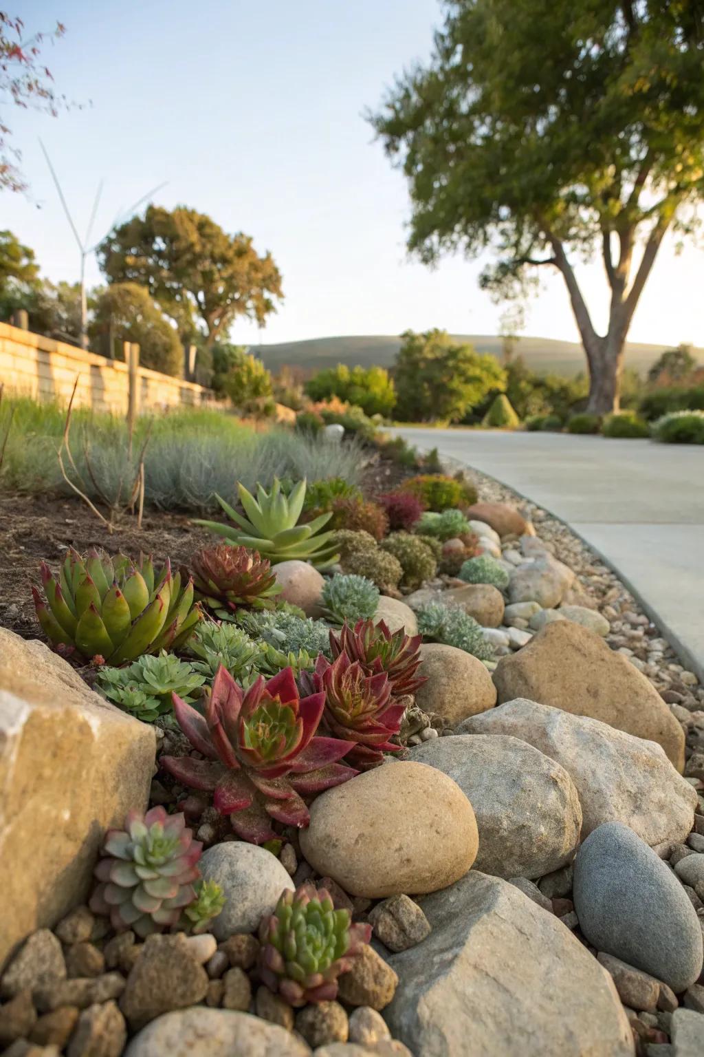A natural rock garden enhanced with vibrant succulents.