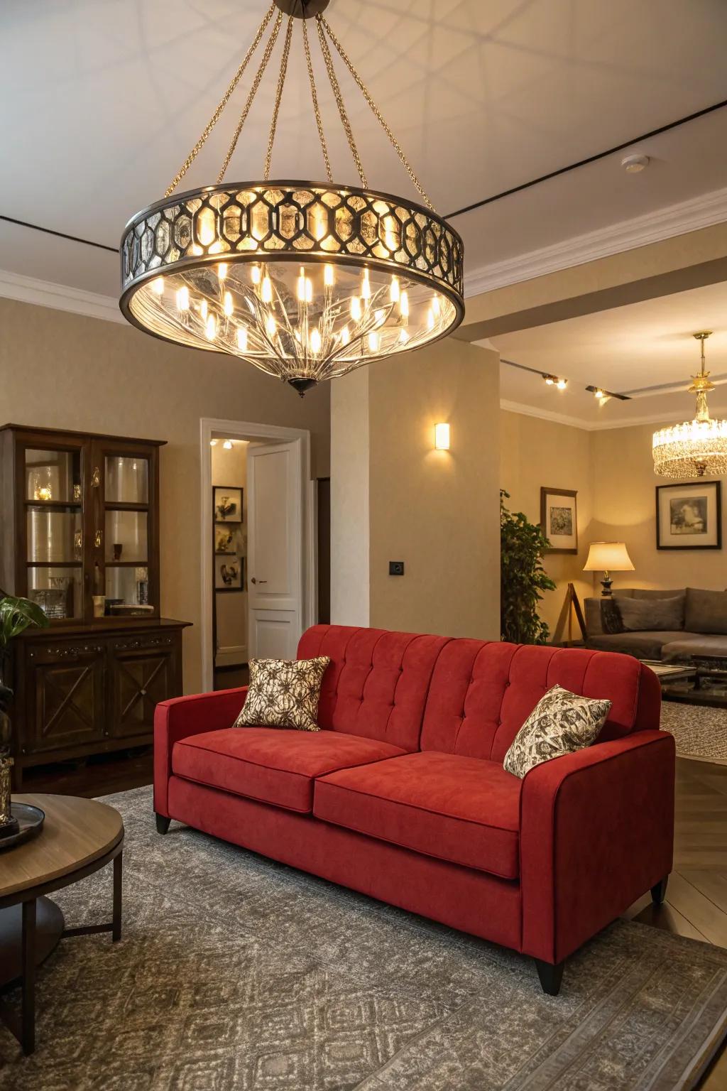 Statement lighting highlights your red sofa, securing it as the room's focal point.