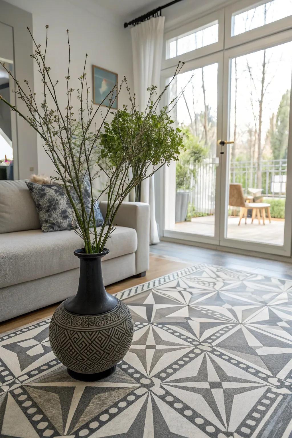Form art on a vase injects a modern, artistic appeal to family room décor.