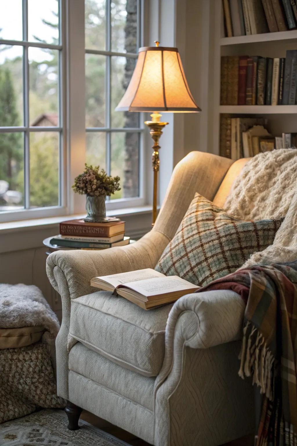 A cozy corner nook in a living room, perfect for reading and relaxing.