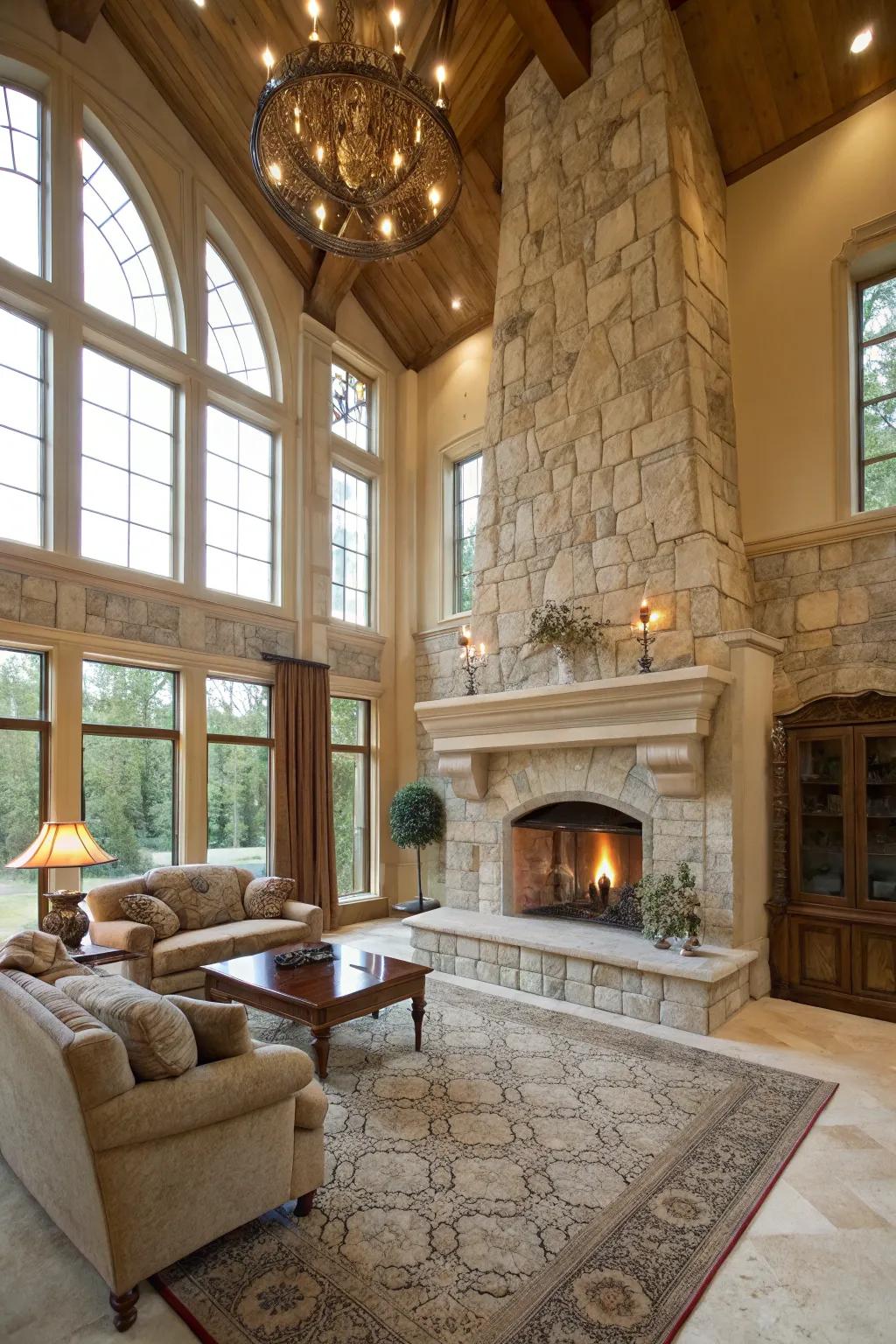 A floor-to-roof stone chimney makes a striking and exquisite explanation.