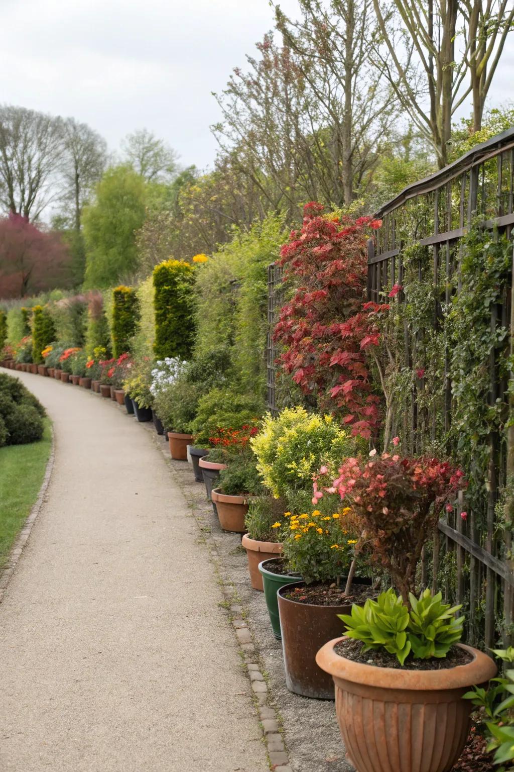 Design a versatile and exquisite fence using potted flora.