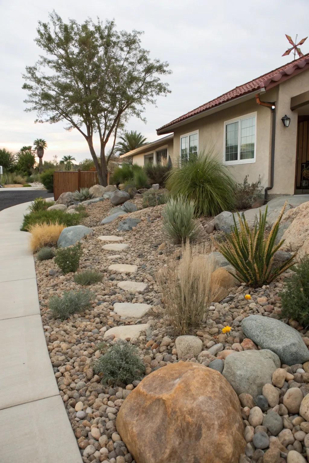 Eco-friendly materials enhance the sustainability of a xeriscape yard.