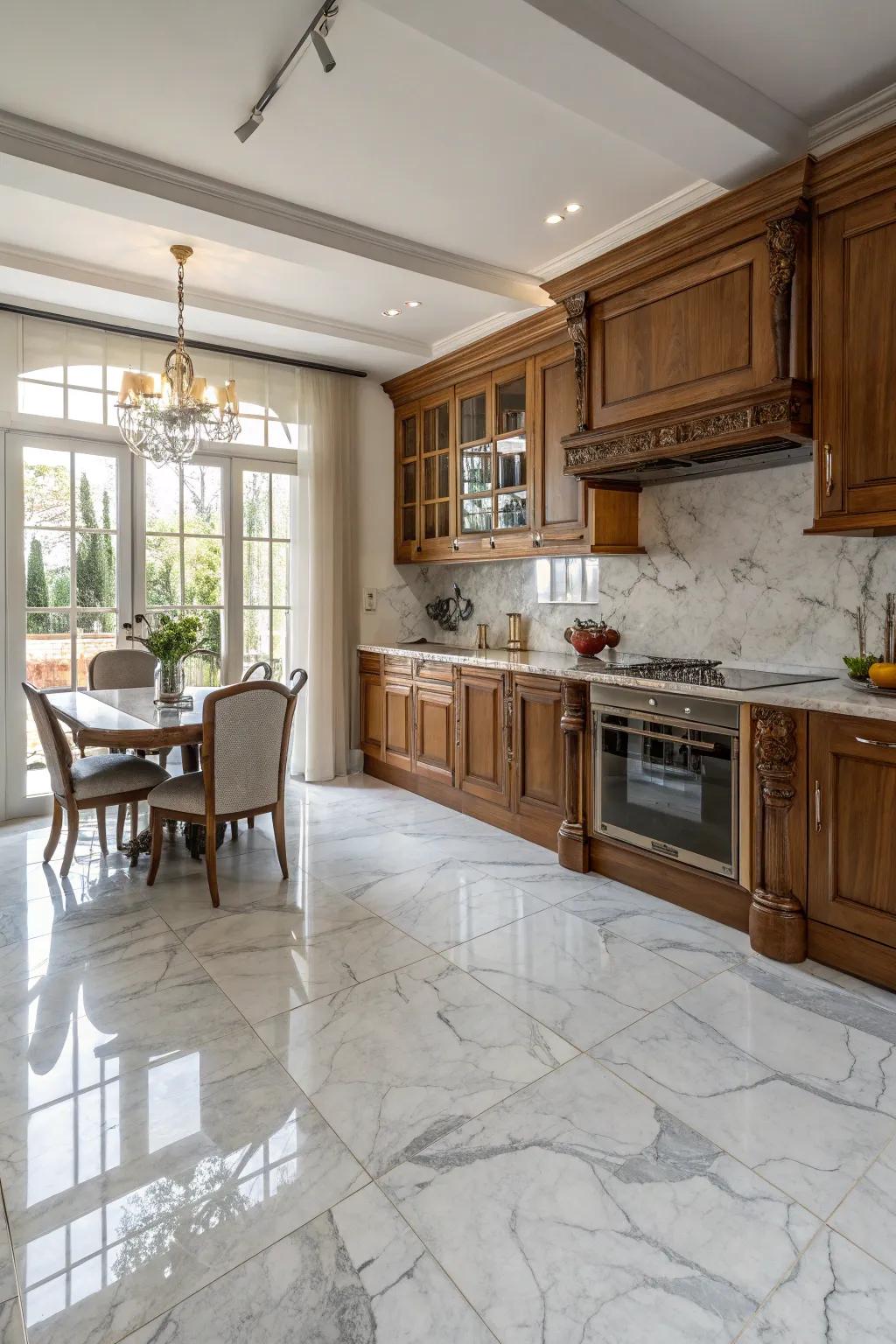 A Mediterranean-style kitchen with warm silver shadow marble floors.