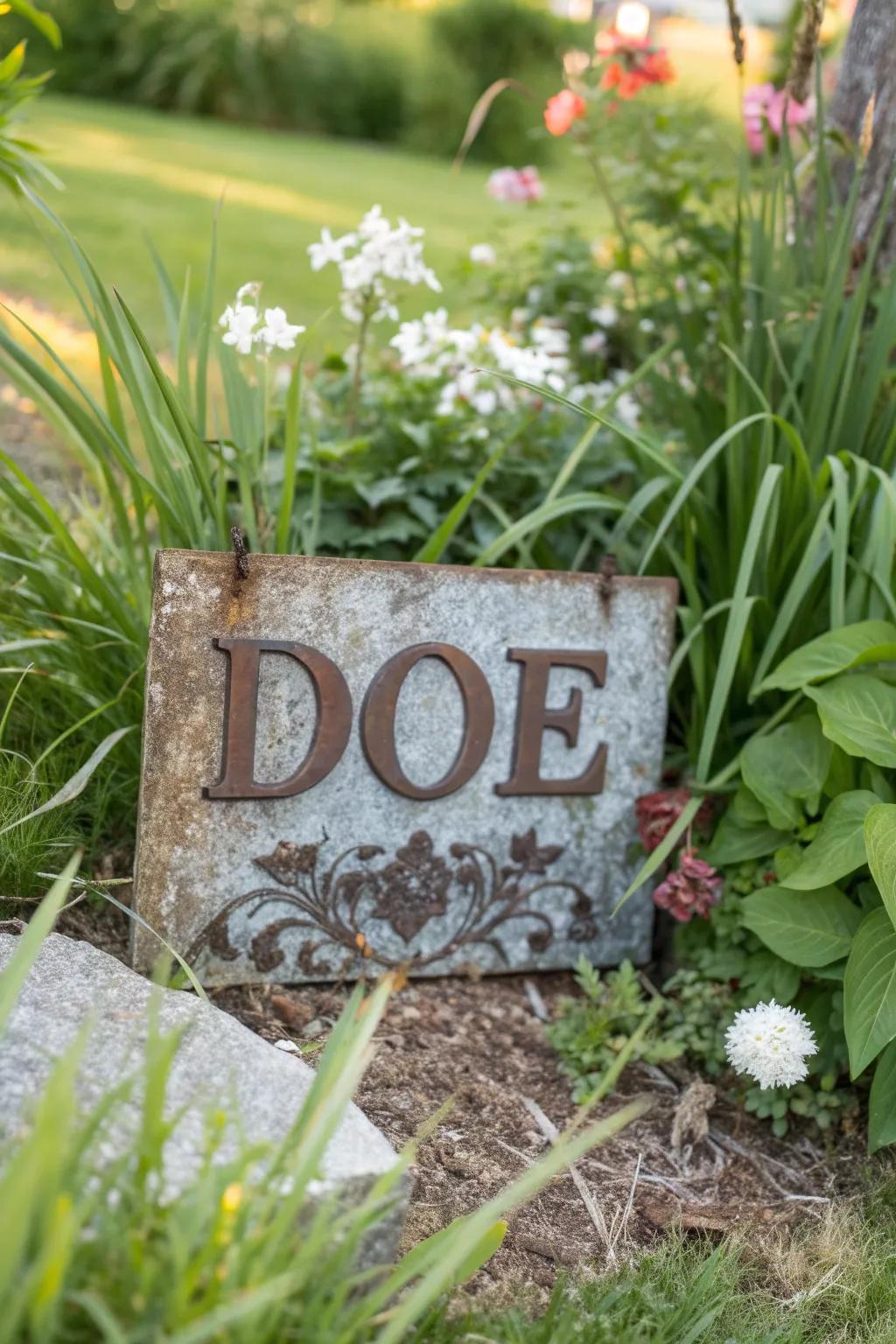 Custom signs add personal flair to gardens.