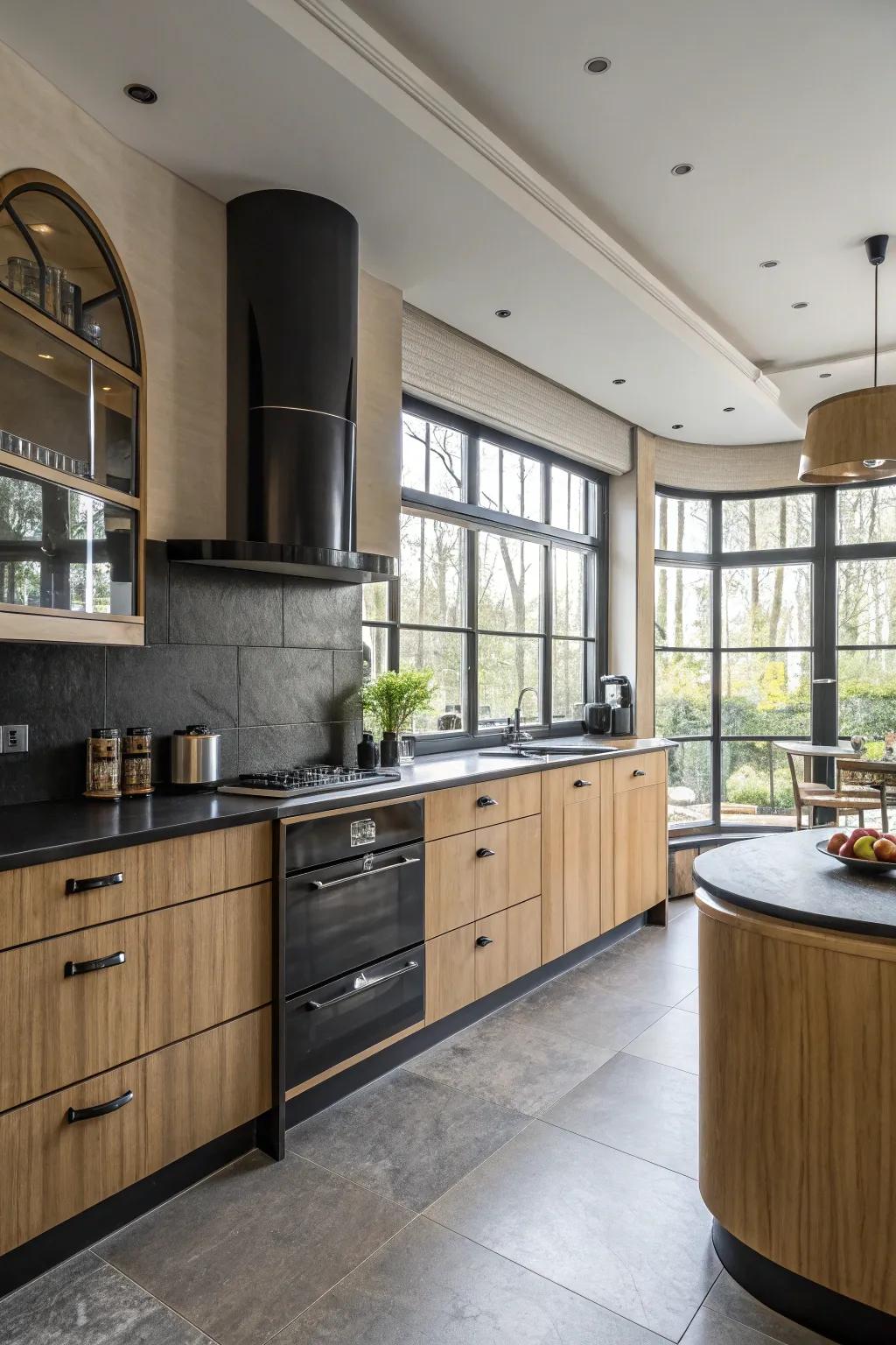 Dark accents provide a dramatic contrast in this mid-century kitchen.