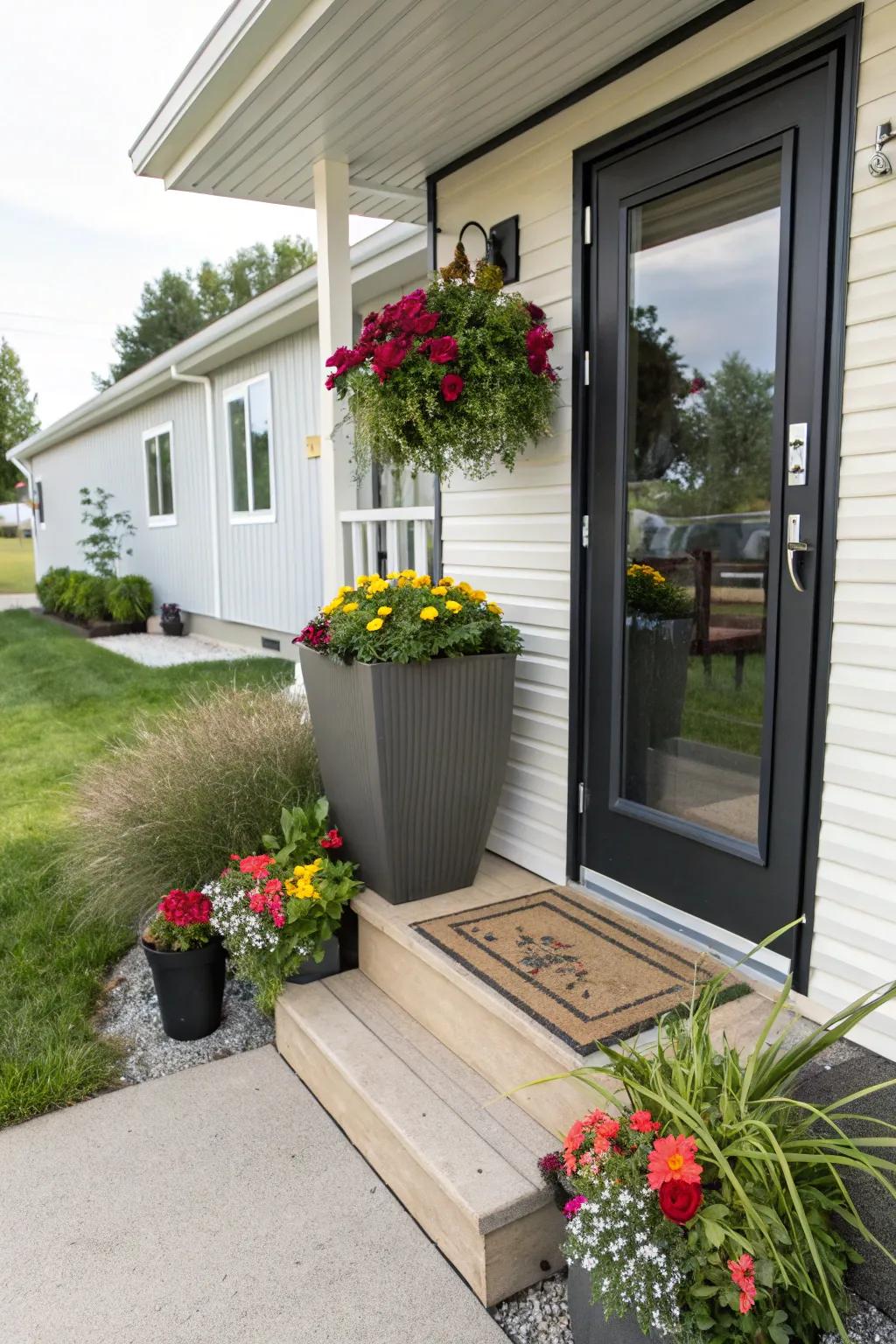 A beautifully appointed entrance featuring planters and a chic door, making a welcoming first impression.
