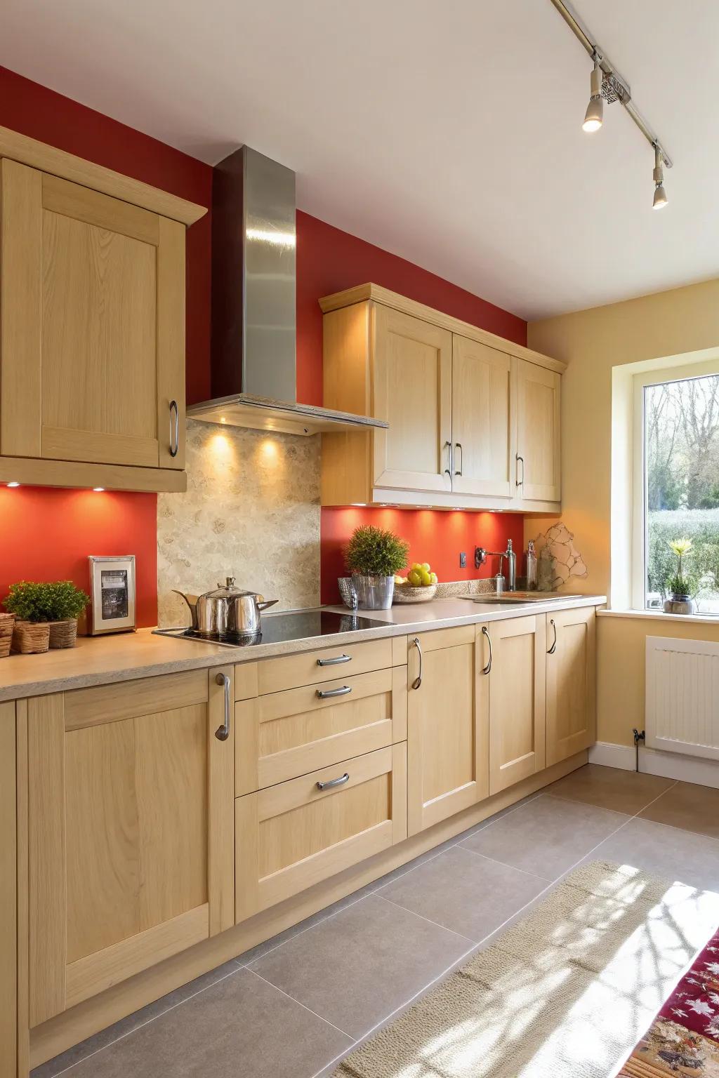 A bold accent wall adds a dynamic contrast to light maple cabinets.