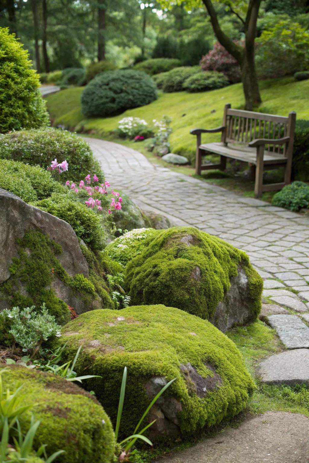 Rocks and moss forge a harmonious and serene garden scene.