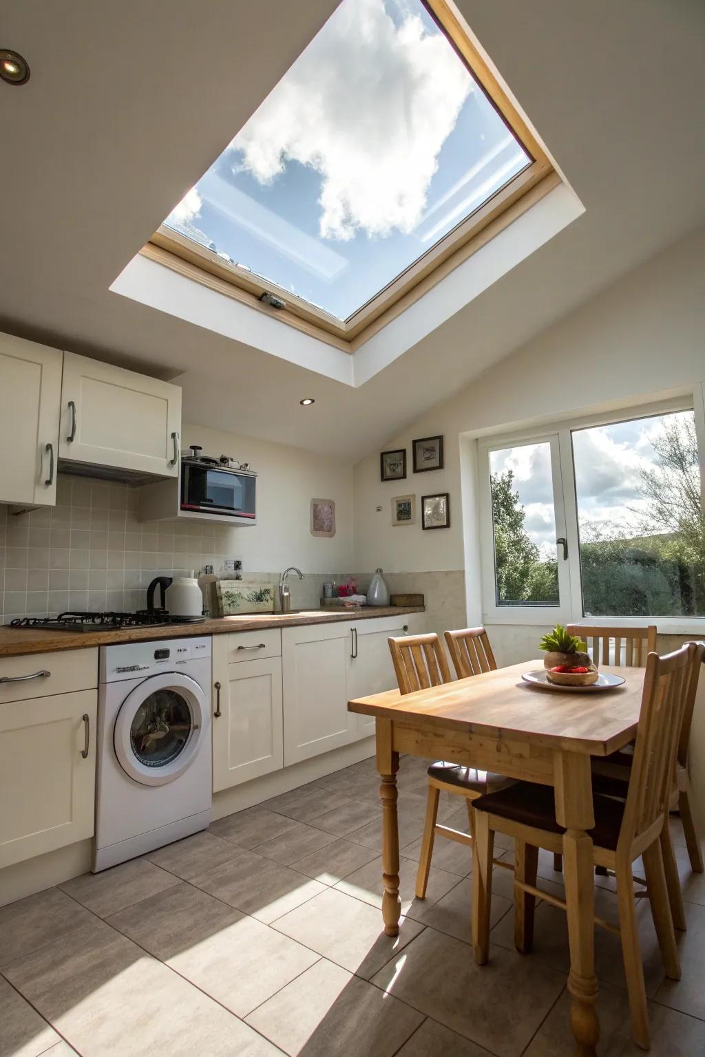 A skylight provides the room with plenty of natural light.