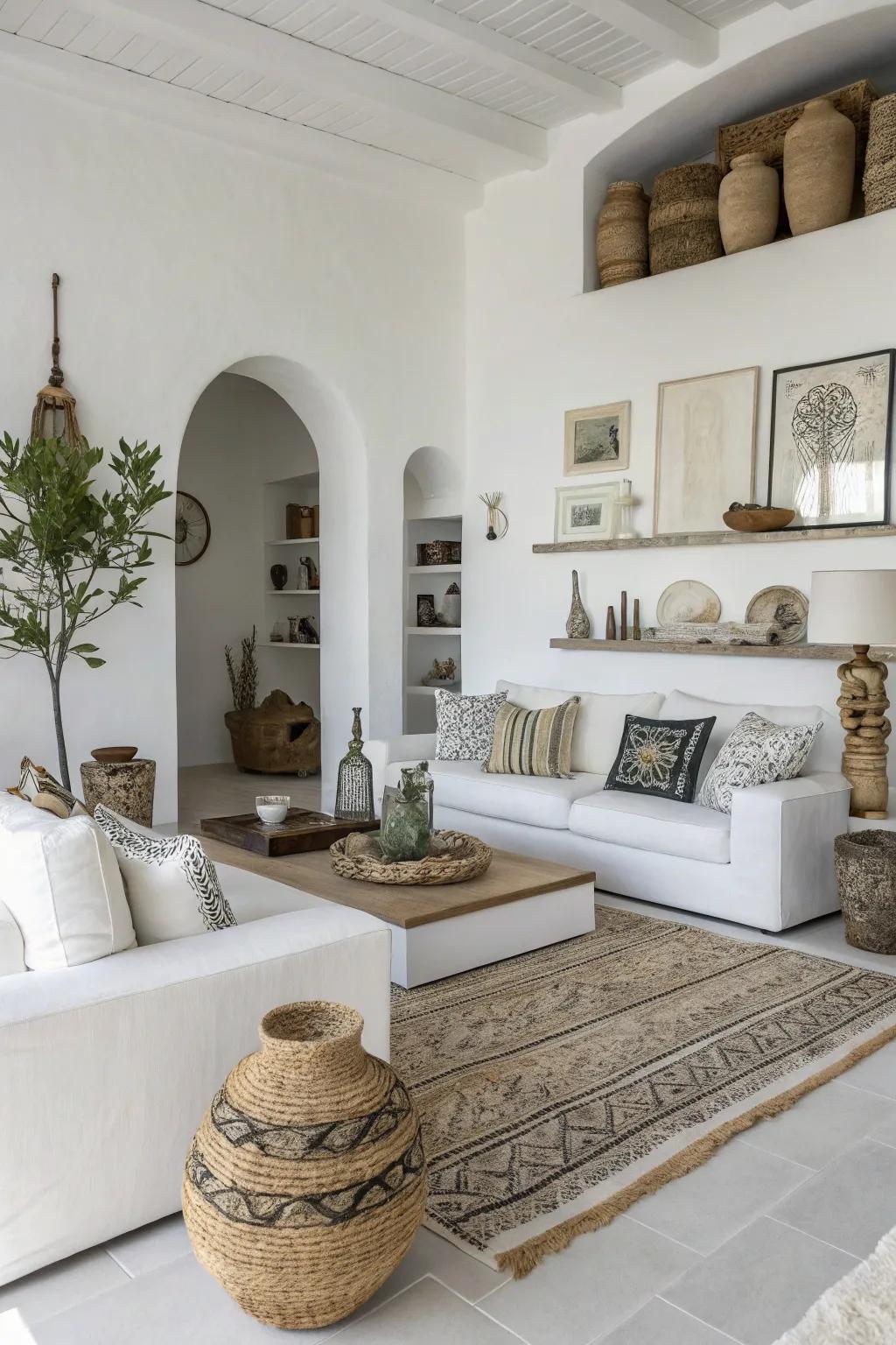 Playing with scale adds drama to a modern white living room.