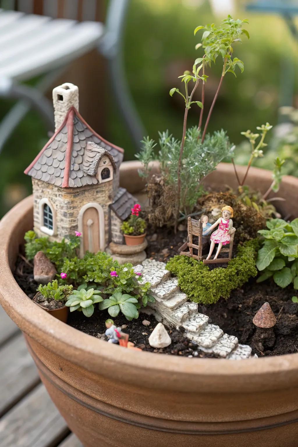 A whimsical pixie herb patch nestled in a flower container.