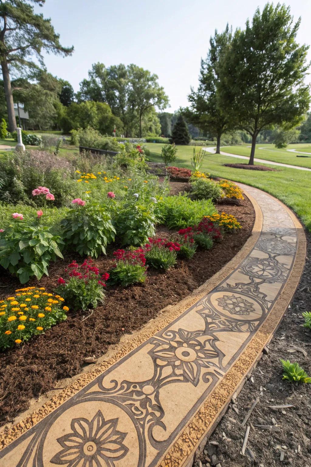 Artistic mulch patterns create unique garden designs.