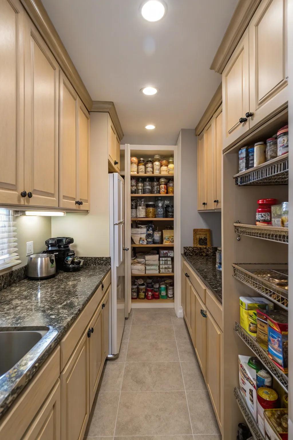 Above-cabinet storage in a slender kitchen expanding overall storage capacity.