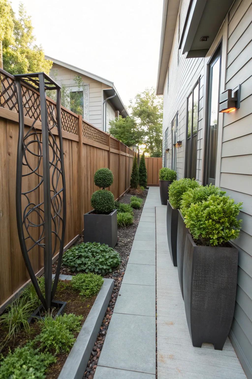 Metal elements bring a modern and durable touch to narrow yards.