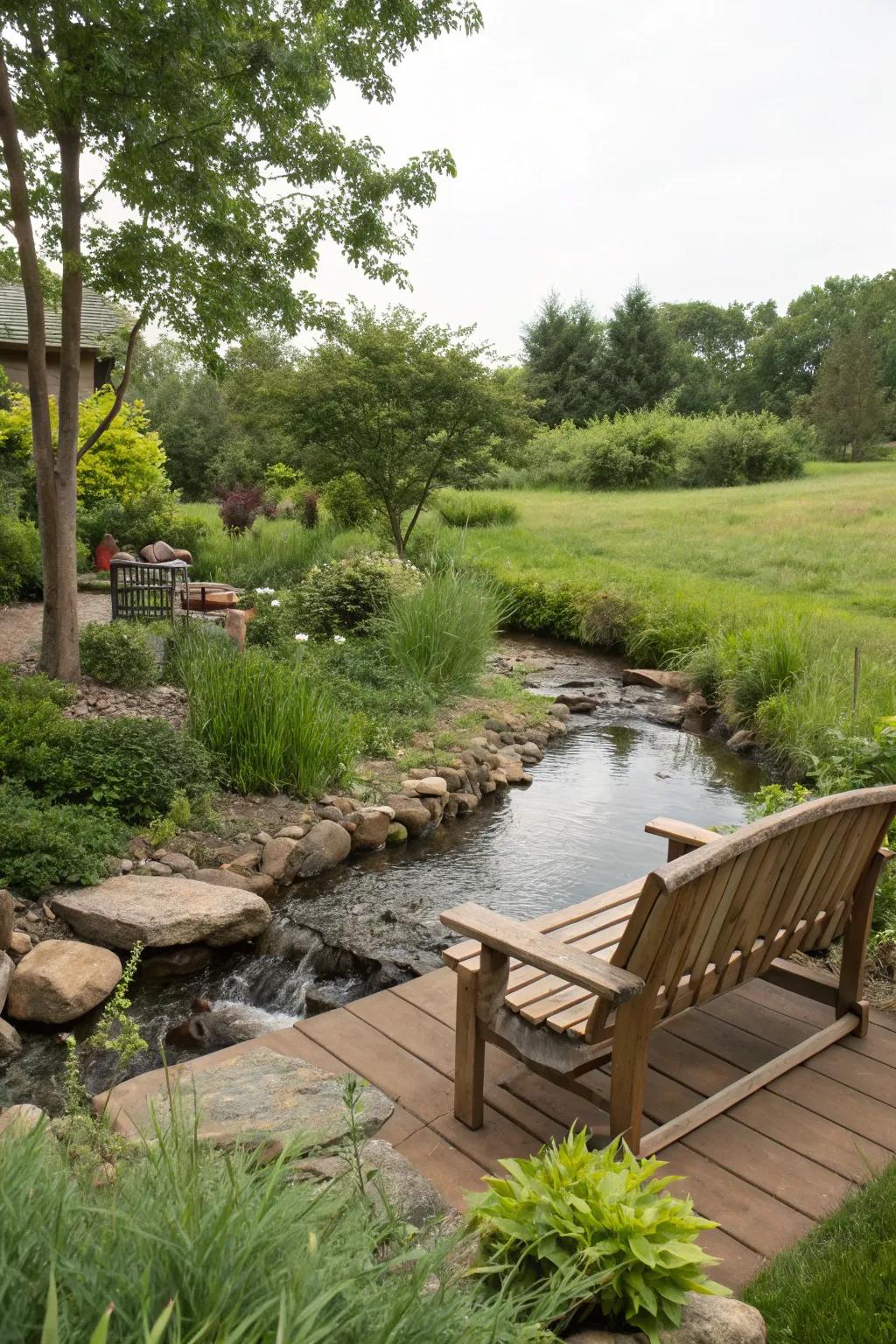 A cozy seating area by the stream for relaxation.
