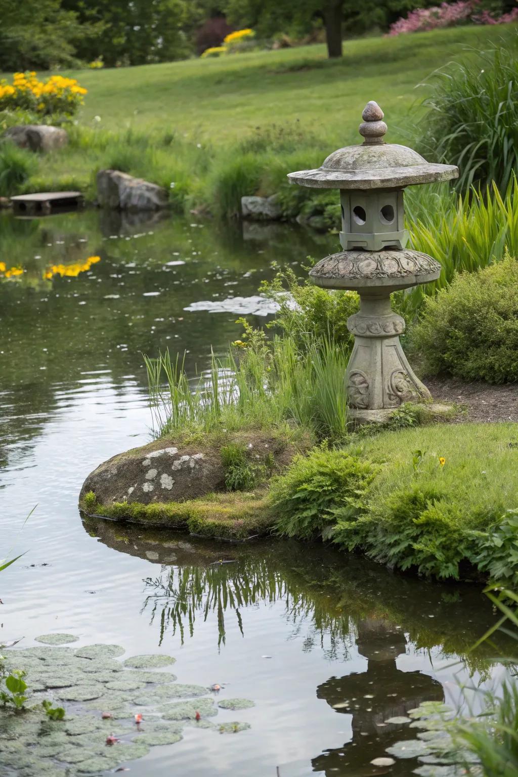 Art adds personality and a focal point to a pond area.