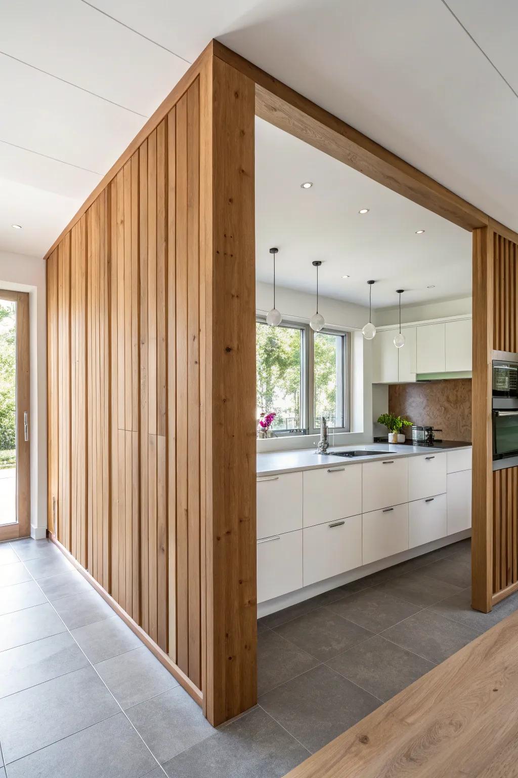 Hanging wood sections incorporate flow and dimension to the kitchen.