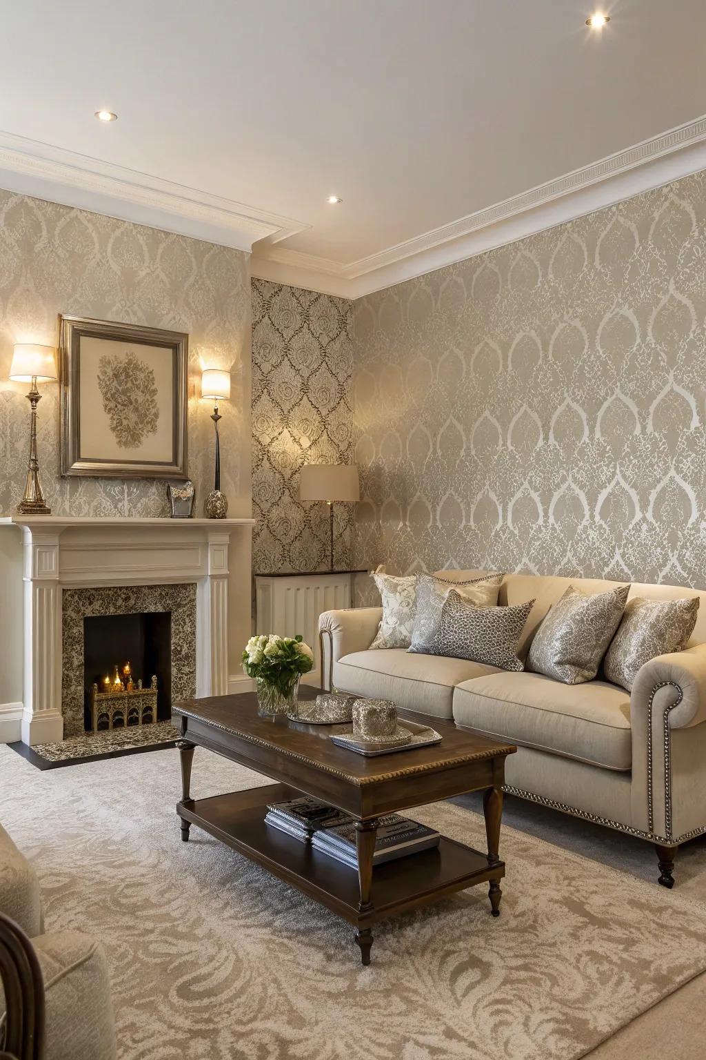 Textured wallpaper adds subtle pattern and depth to an elegant living room.