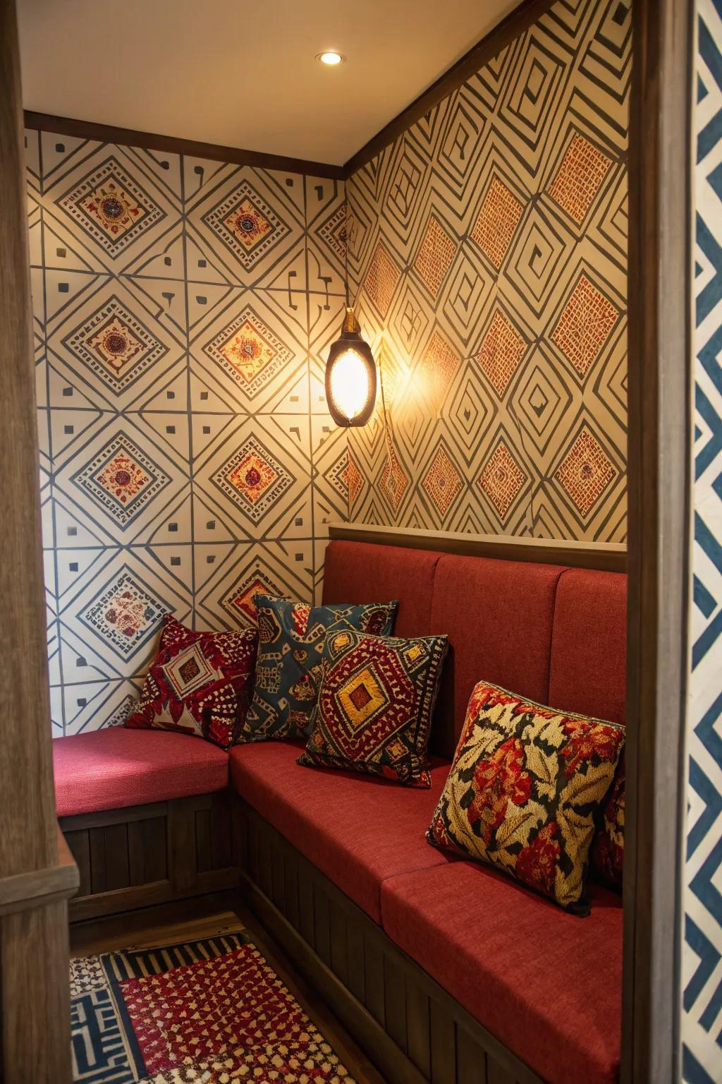 A vibrant alcove spotlighting audacious patterns that invigorate the space.