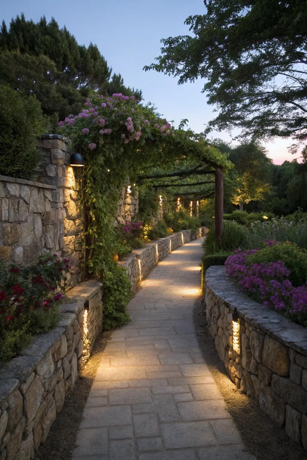 Bright walkways improve evening garden experiences.