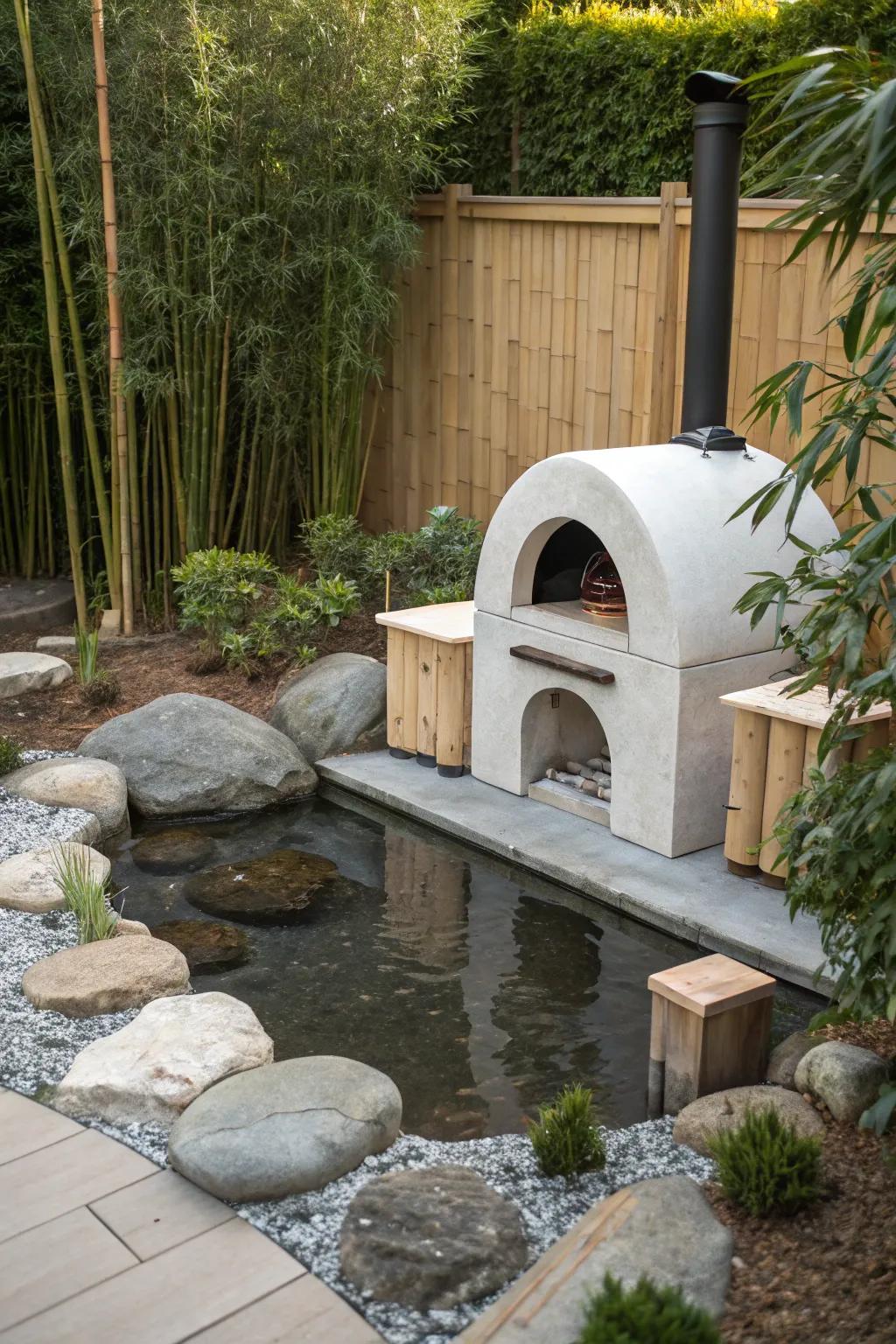 A Zen-inspired pizza oven setting that offers a tranquil escape for outdoor cooking.